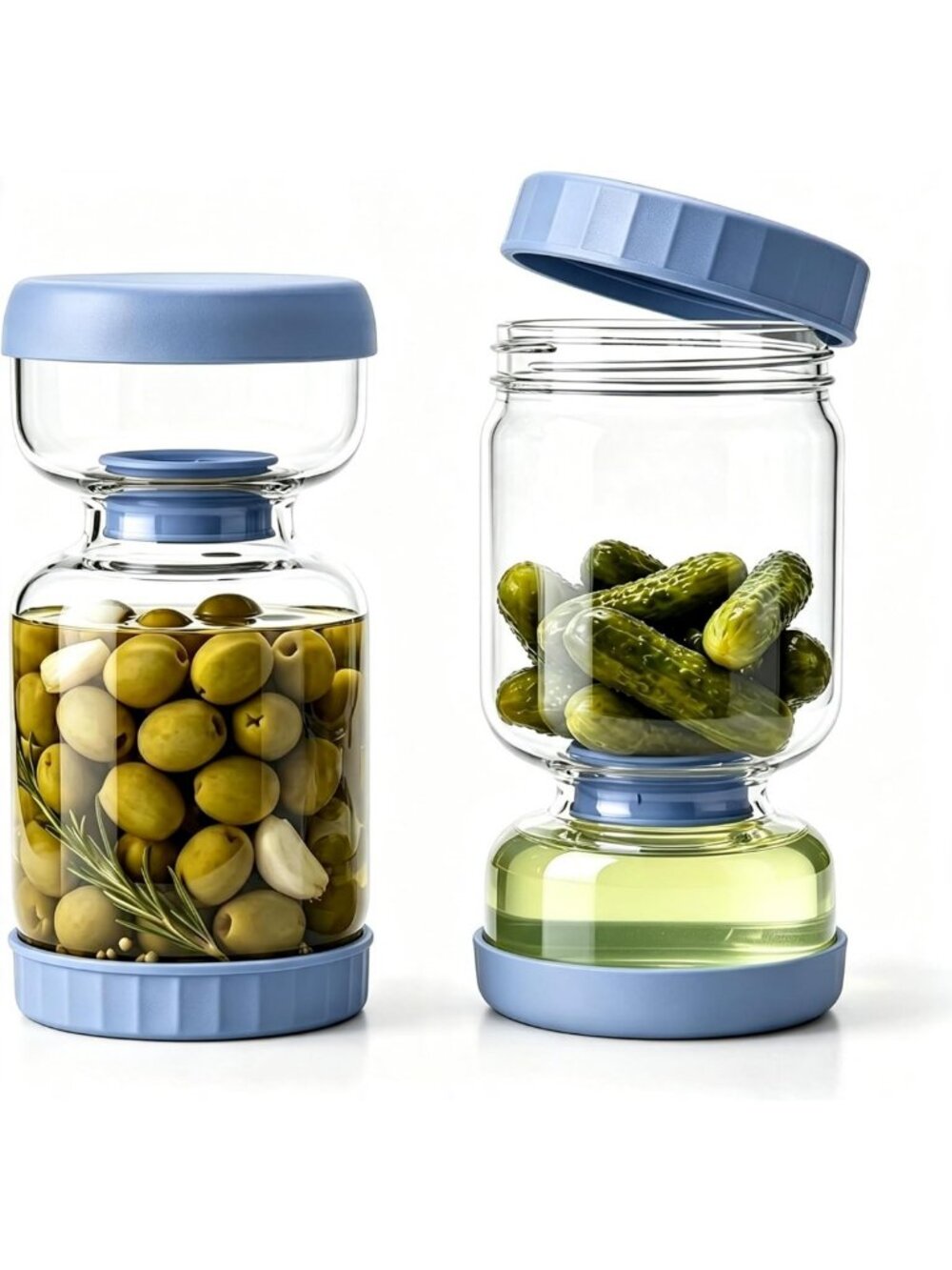 Stylish Hourglass Pickle Jar Set with Strainer - Blue, 2 Pack for Kitchen